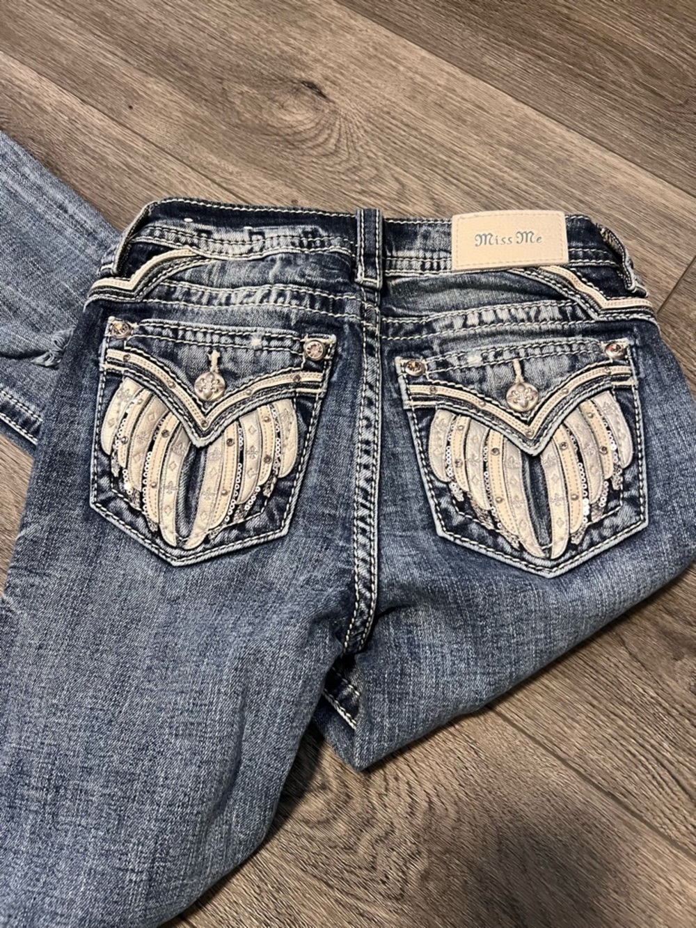 Miss Me Blue Bootcut Jeans with Cream Embroidered Rhinestone Pockets